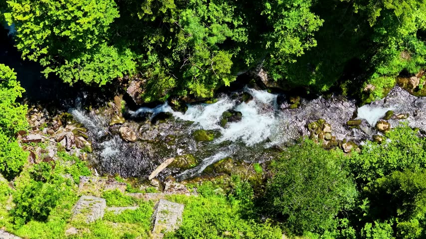 Aerial view of a mountain stream flowing through a lush forest near Col d