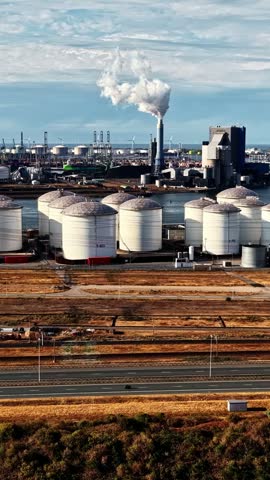 Aerial view of the industrial storage tanks and port facilities at Europoort Rotterdam, South Holland, Netherlands.