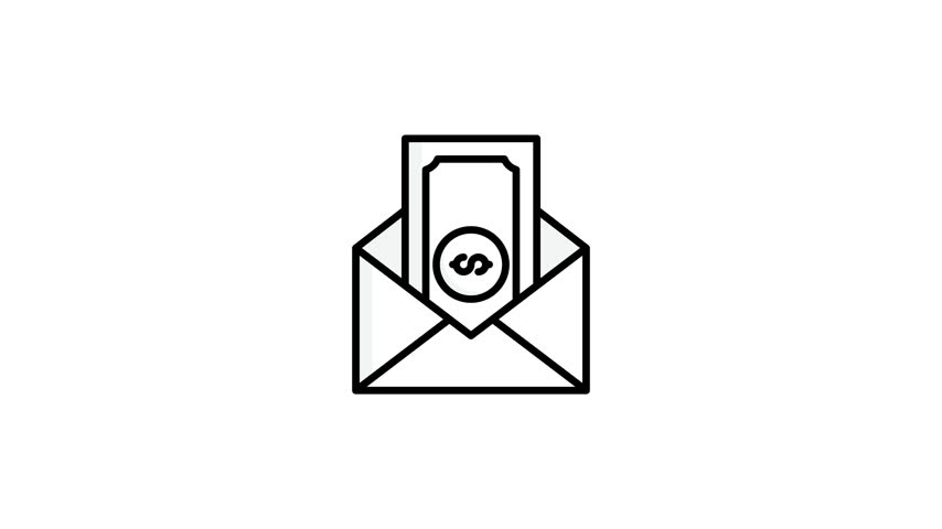 Animated line art icon of an open envelope with a dollar banknote inside. Minimalist motion graphic asset perfectly designed for sending money, salary transfer, and fintech payment UI.