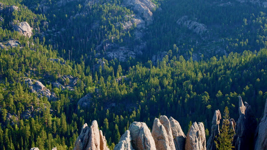 Drone shot of spectacular natural rock formations located in the rugged Black Hills of South Dakota.