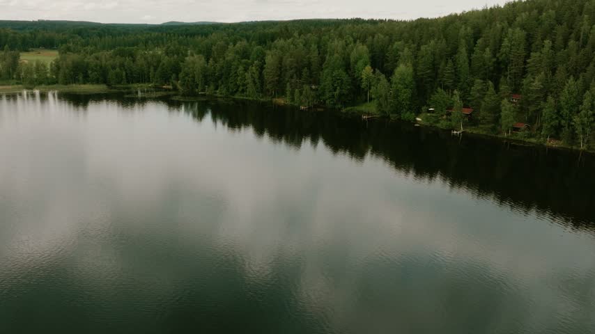 Aerial view of a calm lake surrounded by dense pine forests and lush greenery in Hameenlinna, Kanta-Hame, Finland.