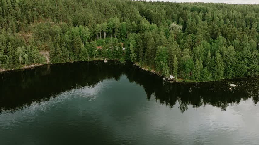 Aerial view of a serene lake surrounded by dense pine forests in the Finnish countryside in Hameenlinna, Kanta-Hame, Finland.