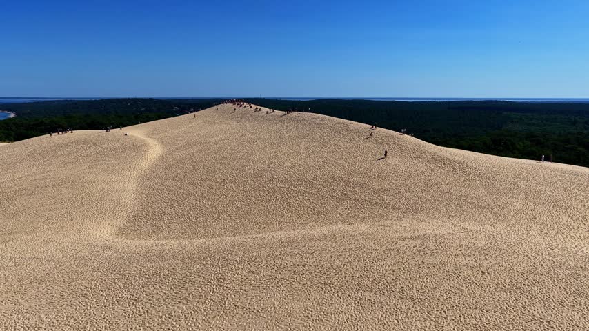 Aerial view of the Dune of Pilat with sandy slopes and people walking along the ridge under a clear blue sky in Nouvelle-Aquitaine, France.