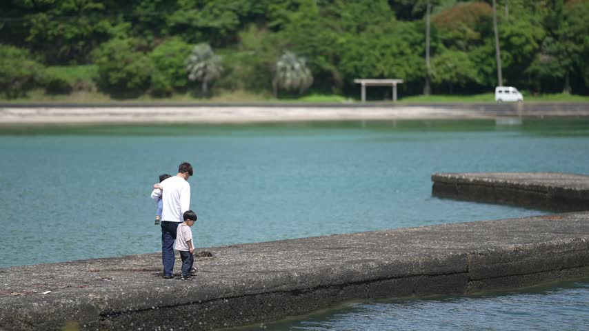 Two people walk along a calm water edge. Child walks beside an adult, holding hands. They gaze at the gentle blue water. Green trees frame the peaceful shoreline. Ideal for family, nature