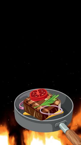 Animated juicy beef steak cooks in a frying pan over fiery flames on black background.