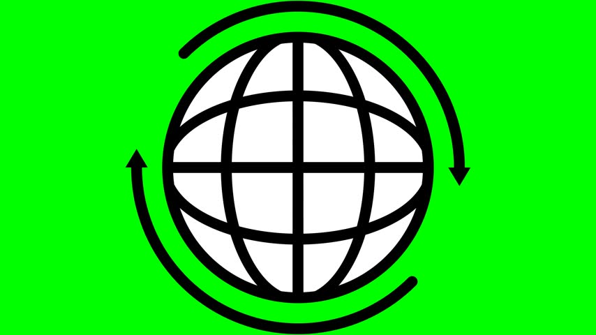 Minimalist black and white world globe icon with circular arrows on green background symbolising global environmental recycling and planet earth