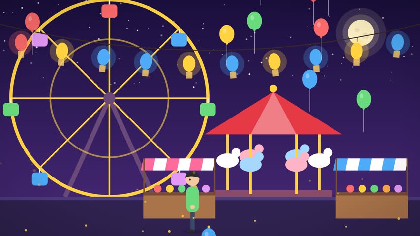 Animated scene of a vibrant amusement park at night with a Ferris wheel and carousel.