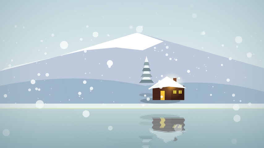 Cozy cabin nestled in snowy mountains with reflection