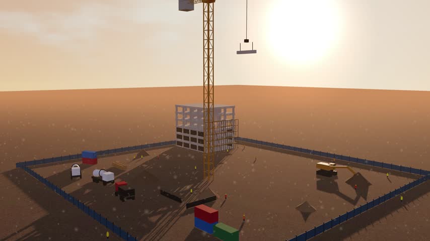 A tall yellow construction crane stands against a hazy orange sunset sky background.