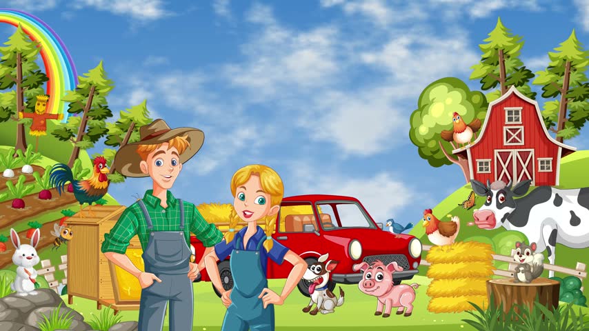 Colorful 2D animation presents smiling cartoon farmers, farm animals, and an airplane flying overhead.