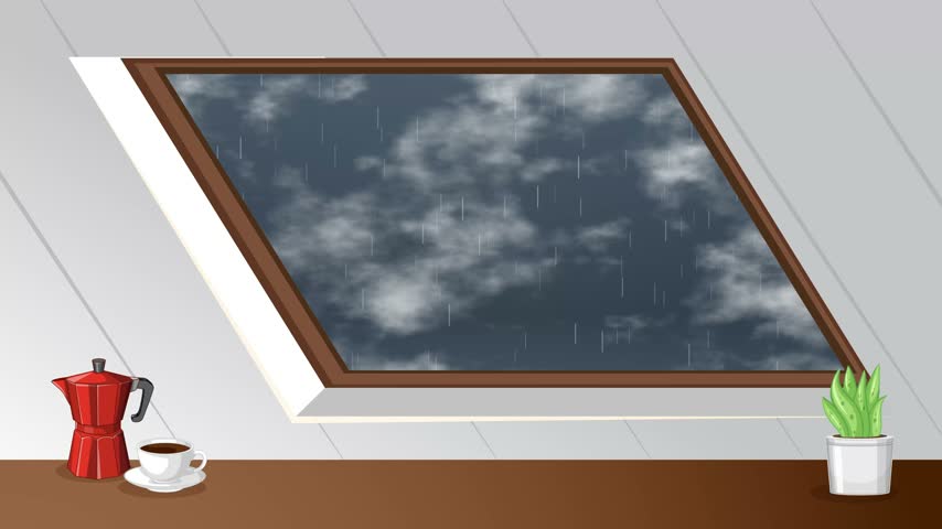 Lo-fi animation of rain falling outside a skylight window with coffee and a plant.