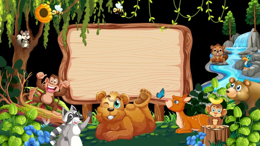 Animated cute woodland animals gather around a blank wooden board on a black background.