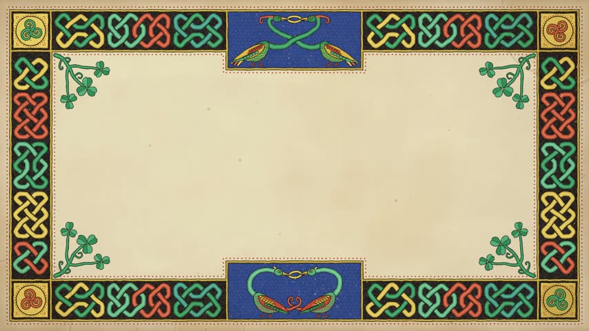 Celtic knotwork frame with gold leaf, spirals and shamrocks on aged parchment, illuminated manuscript St Patrick’s Day background, seamless loop