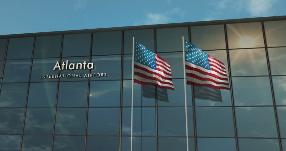 Airplane landing at Atlanta. Jet plane airliner travel to Georgia USA terminal airport with national flags.
