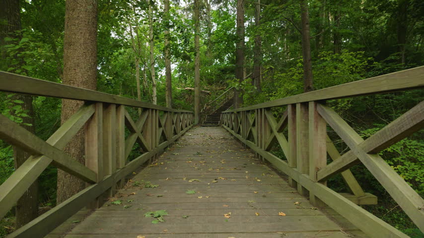 Walking over wooden bridge toward forest stairs