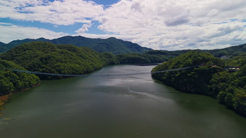 Crossing above blue deck of Mir 309 suspension bridge at Chopyeong lake in Jincheon as visitors walk the span between forested hills under bright summer clouds