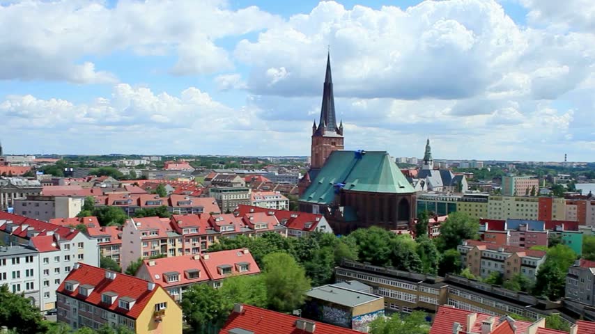 View of the historic cathedral in Szczecin, Poland, showcasing its impressive religious architecture, towering structure, and distinctive historic character within the city’s European urban landscape.