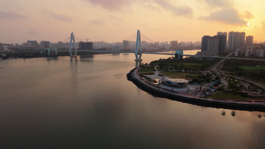 Haikou city skyline sunrise aerial view near Century Bridge, Hainan, China
