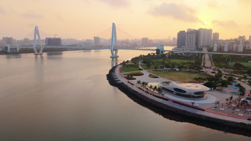 Haikou city skyline sunrise aerial view near Haikou Bay, China 