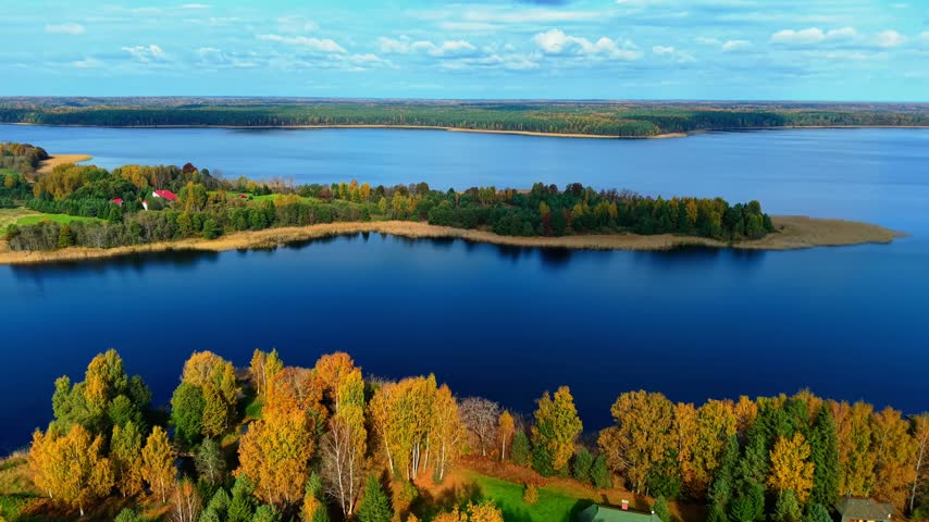 Aerial view of colorful autumn trees surrounding calm blue lake and lush green fields