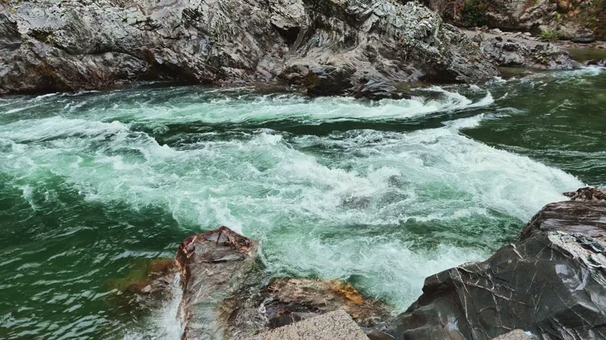 Challenging white rapids surge through a rocky canyon while a tourist boat navigates carefully near boulders[cite: 7].
