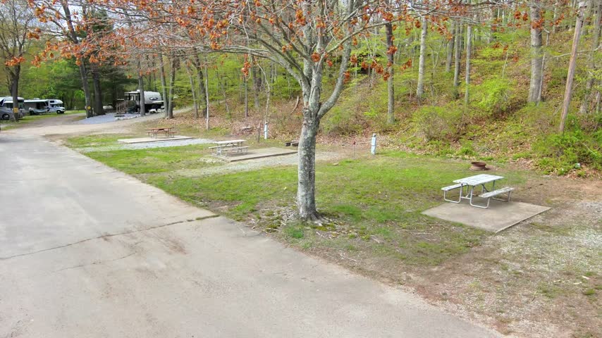 Aerial drone view of RVs and travel trailers parked throughout a peaceful wooded campground, showcasing recreational camping, road trips and outdoor travel.