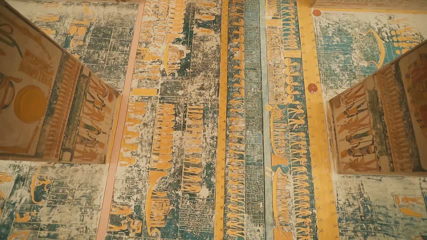 Tomb of Ramses V and Ramses VI (KV9) in Valley of the Kings. Detail of Egyptian Hieroglyphs. Luxor, Egypt 