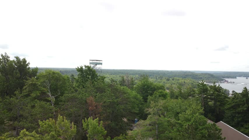 Aerial view of Port Perry fire tower with Lake Scugog in background, Ontario, Canada