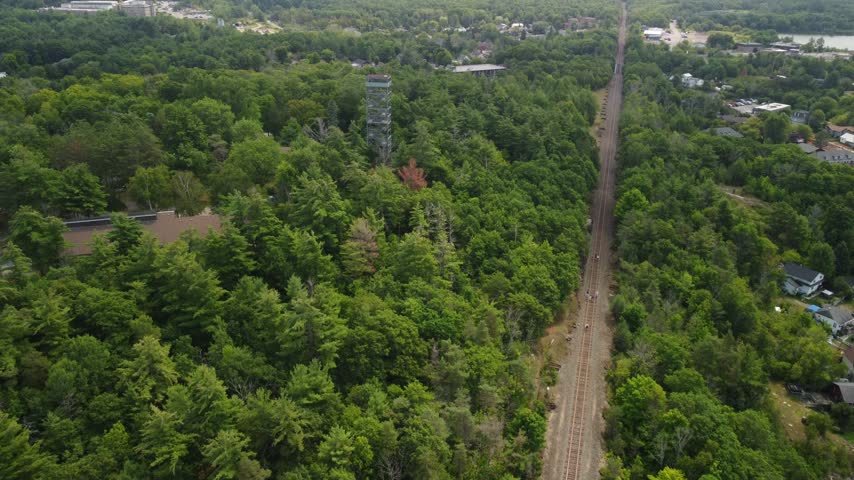 Aerial drone view of fire tower in Port Perry small town, Lake Scugog, Ontario, Canada