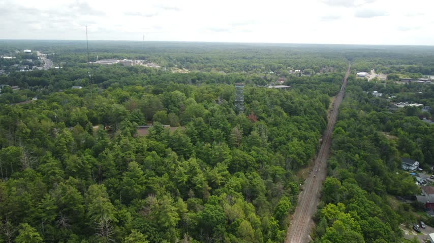 Aerial drone view of fire tower in Port Perry small town, Lake Scugog, Ontario, Canada