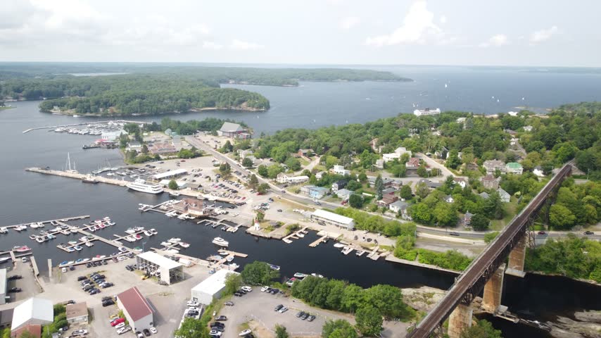 Aerial establishing shot of Port Perry, Scugog Township, small Canadian lake town in Ontario