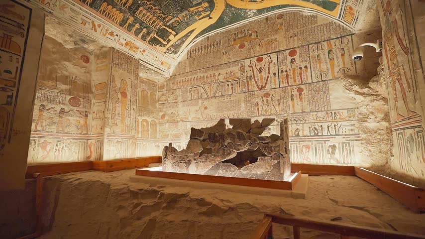 Tomb of Ramses V and Ramses VI (KV9) in Valley of the Kings. Detail of Egyptian Hieroglyphs. Luxor, Egypt 
