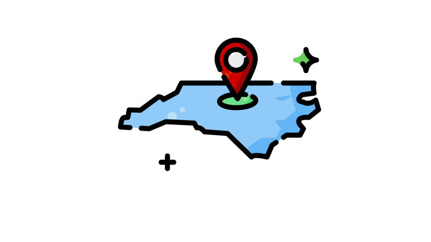 Animated Blue north carolina map with red location pin in cartoonstyle illustration suits travel guides, tourism materials, promotional designs, and branding.