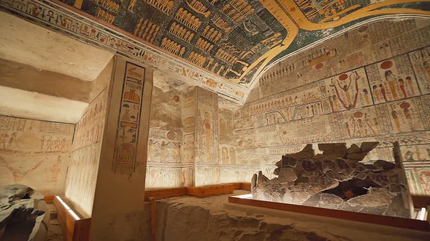 Tomb of Ramses V and Ramses VI (KV9) in Valley of the Kings. Detail of Egyptian Hieroglyphs. Luxor, Egypt 