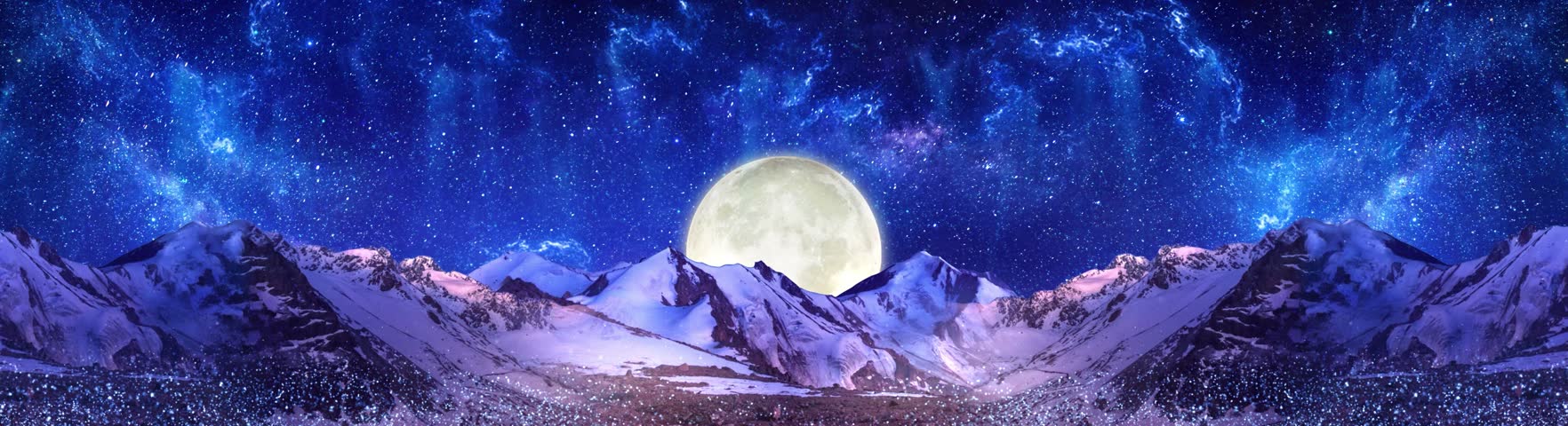 Ultrawide Seamless Loop Animation of Giant Full Moon Rising Above Snow Covered Mountains Under Glowing Blue Starry Sky
