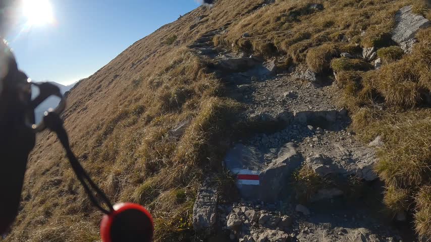 Rugged stone path traverses open grassland on the Czerwone Wierchy ridge