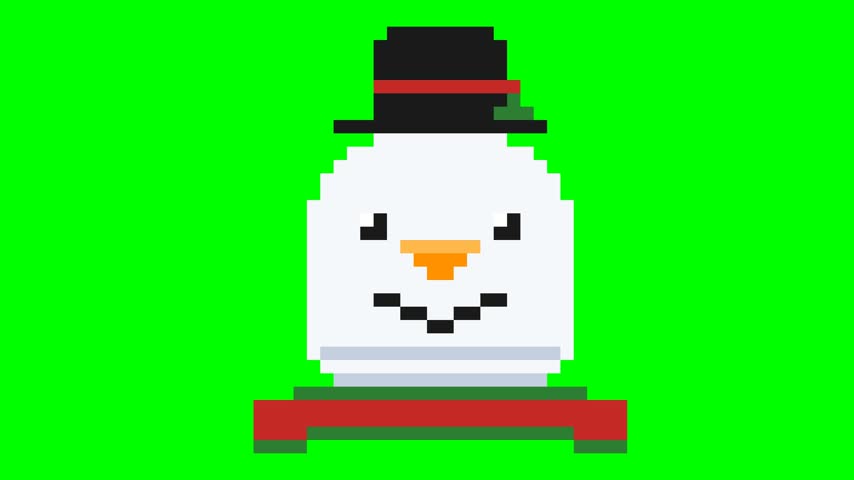 Retro pixel art Christmas snowman face emoji shivering in the cold: vibrating head, swinging carrot nose, jittering coal eyes, flapping striped scarf.
