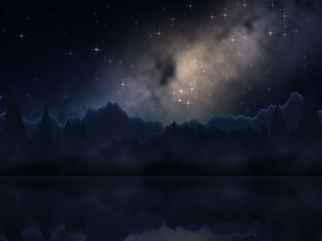 Milky Way Galaxy Shining Over Mountain Silhouette and Calm Lake at Night_A beautiful star-filled night sky featuring the glowing Milky Way galaxy above a dramatic mountain range and a calm lake. The dark blue night landscape, distant mountain silhouettes, and celestial scenery create a peaceful atmosphere ideal for astronomy, nature, space exploration, relaxation, meditation, and cinematic background visuals.