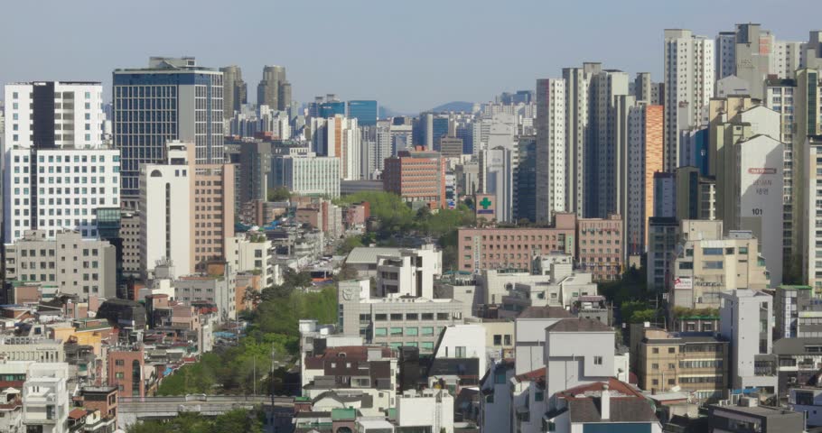Dense Urban Cityscape Overlooking Modern Buildings from Hongdae, Seoul, South Korea
