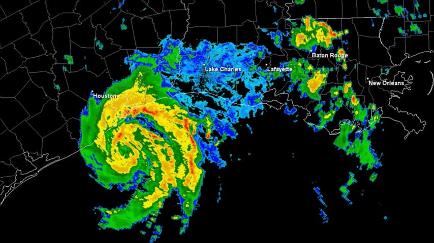 This sequence shows a hurricane developing and moving across the gulf coast intensifying as it approaches Texas and Louisiana. The radar imagery displays the storm