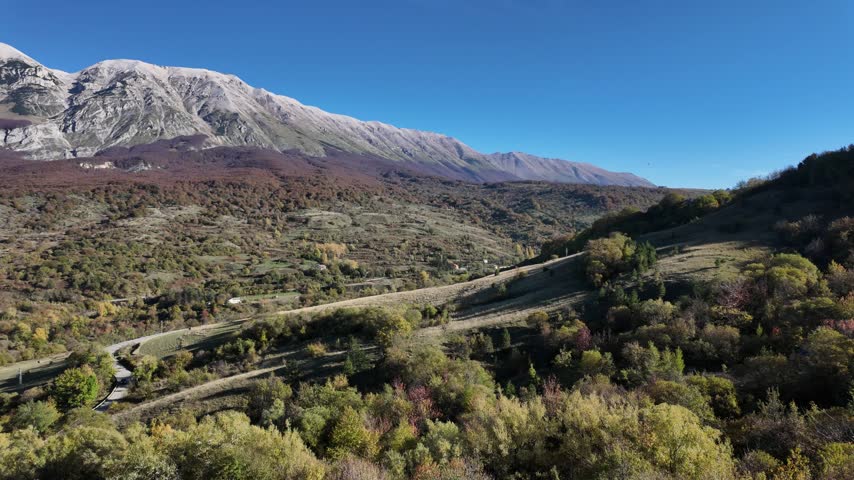 Panoramic view from the beautiful mountain village of Roccacaramanico during fall season. Province of Pescara, Abruzzo, Italy.