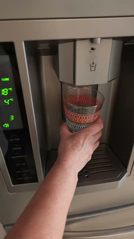 Hand holding a clear glass under a refrigerator ice dispenser, collecting ice cubes from a built-in freezer unit with illuminated controls and a stainless steel dispensing area