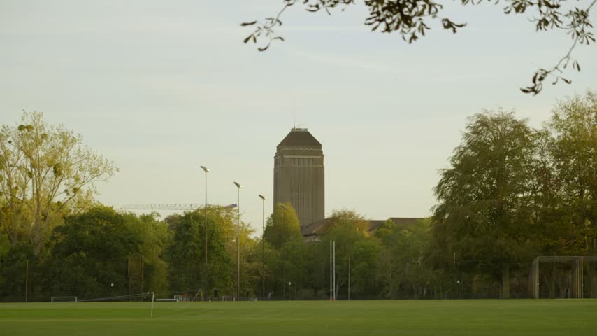 Cambridge - Long Shot of the University Library Tower on a Summer Evening