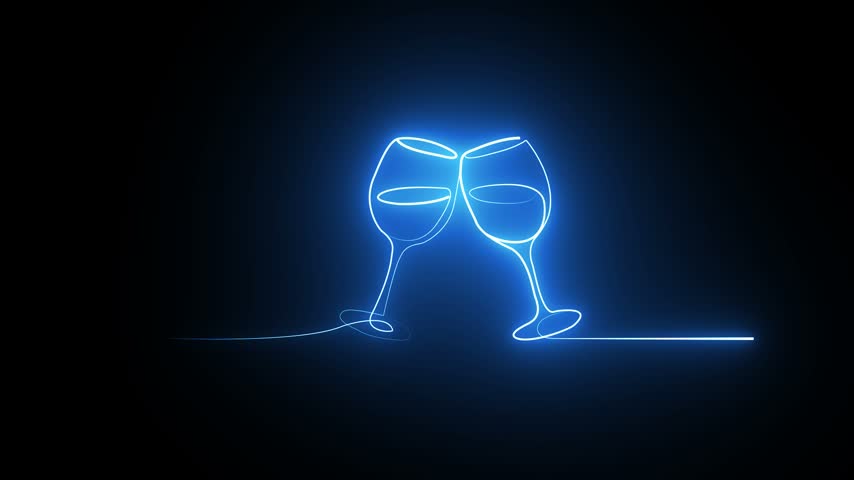Two wine glasses clinking in blue neon light