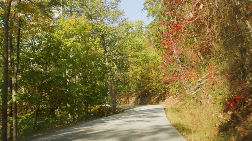 Vibrant Fall Park Forest. POV Driving Car at Mountains Road With Autumn Fall Foliage on Trees Scenic Road With Colorful leaves. Driving Paris Mountain State Park, South Carolina on Sunny Autumn Day. 
