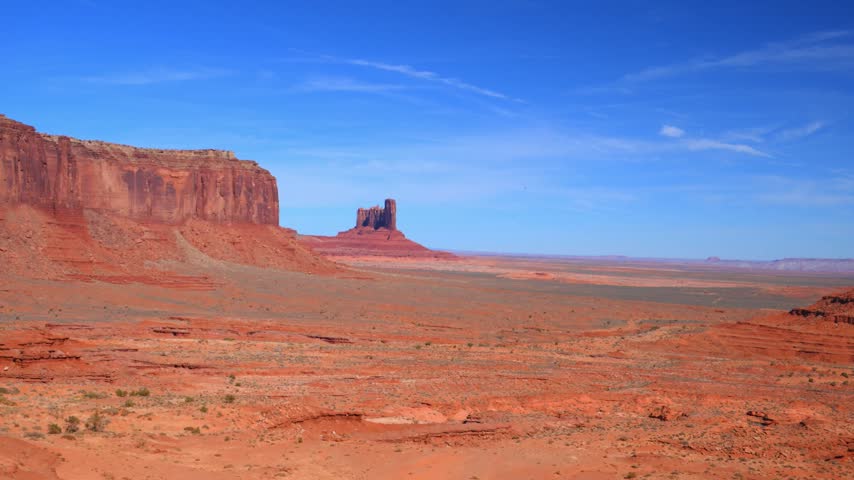 Monument Valley, located on the Colorado Plateau along the Arizona–Utah border in the United States, within the territory of the Navajo Nation. In the foreground, on the right and left, are the famous sandstone buttes known as The Mittens: West Mitten Butte and East Mitten Butte. These distinctive reddish mesas and rock formations were sculpted by millions of years of sandstone erosion.