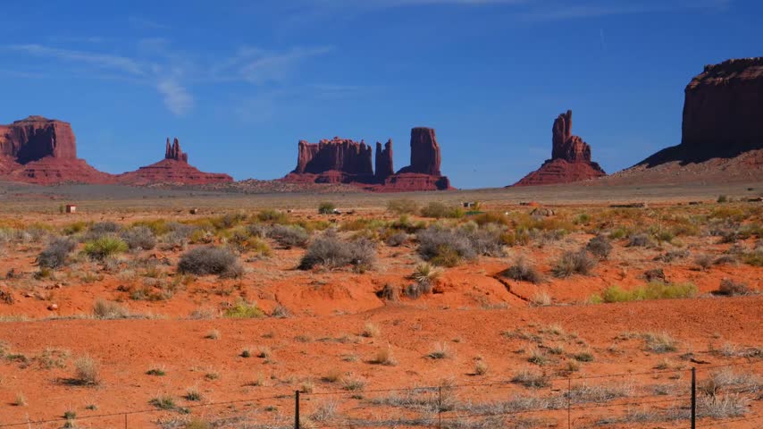 Monument Valley, located on the border between the states of Arizona and Utah, United States, within the territory of the Navajo Nation Reservation.