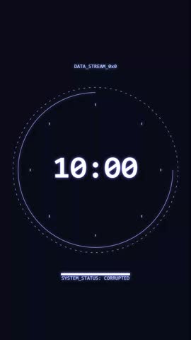 A glowing futuristic countdown timer shows decreasing digits against a dark virtual background featuring subtle cyberpunk patterns. Neon white typography shines brightly inside an intricate oval interface graphic element with technical tracking markers. Advanced data streams and system status indicators surround the main focal point adding such immersive cyber atmosphere.