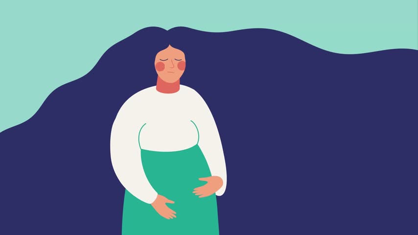 Pregnant woman holding her belly with tender motion in flat illustration stock video clip animation