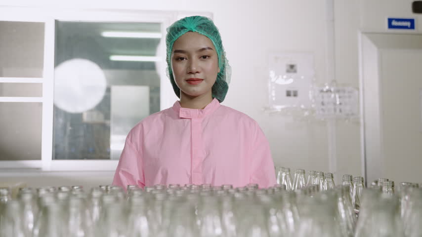 Happy, beautiful Asian woman technician inspector wearing a uniform of factory standing smiling with arms crossed while looking at camera on beverage bottle production line in manufacturing industry. 